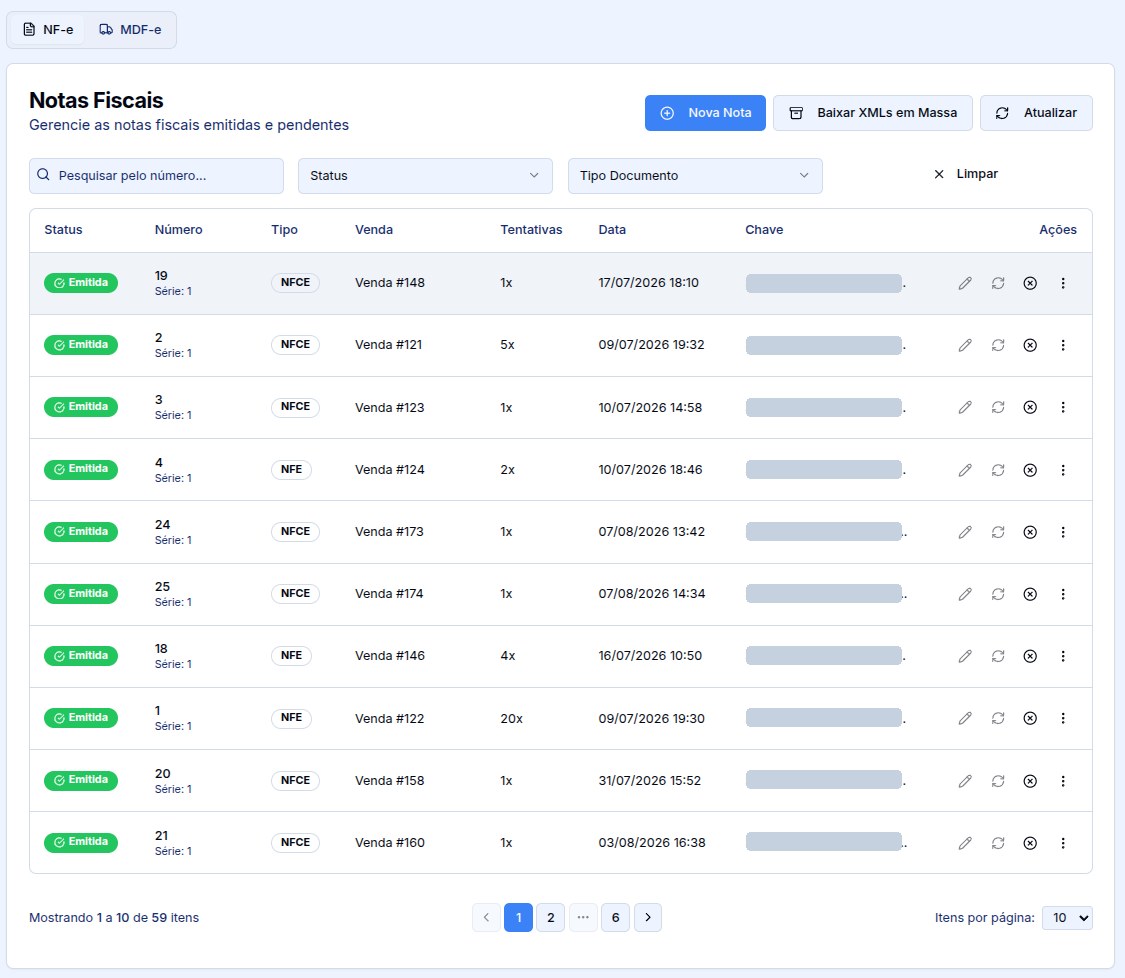 Tela de Notas Fiscais do Service Box: lista de notas emitidas com status, número, tipo, venda de origem, tentativas, data e ações.
