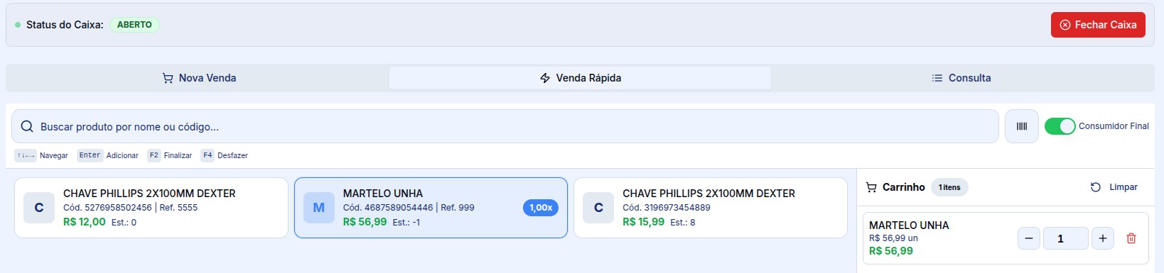 Tela de Venda Rápida do Service Box: status do caixa aberto, busca de produto, grade com três produtos e o carrinho com um item e o total de R$ 56,99.
